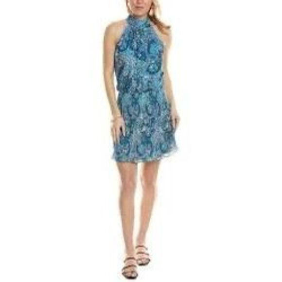 NWT Ramy Brook mini dress “Jaelin Print Blue Smocked Minidress” Size L - Picture 2 of 7